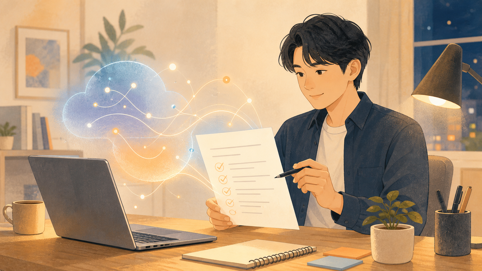 プロジェクトの指示書を手に、AIコーディング支援と協働する様子を描いたイラスト