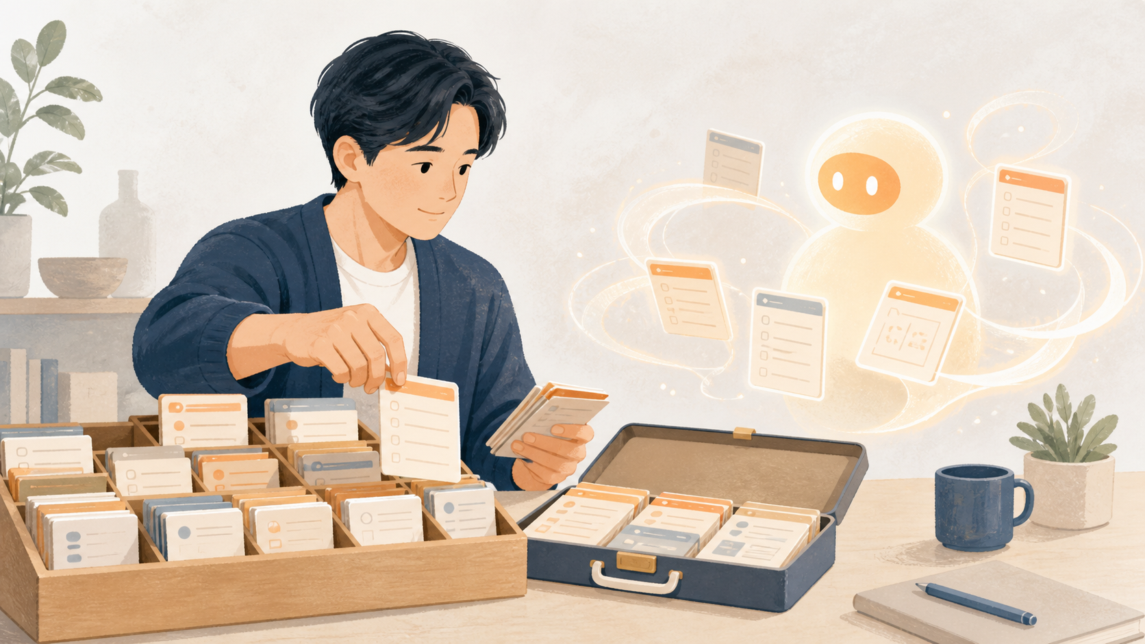 再利用可能な手順カードを整理してClaudeに渡す様子のイラスト