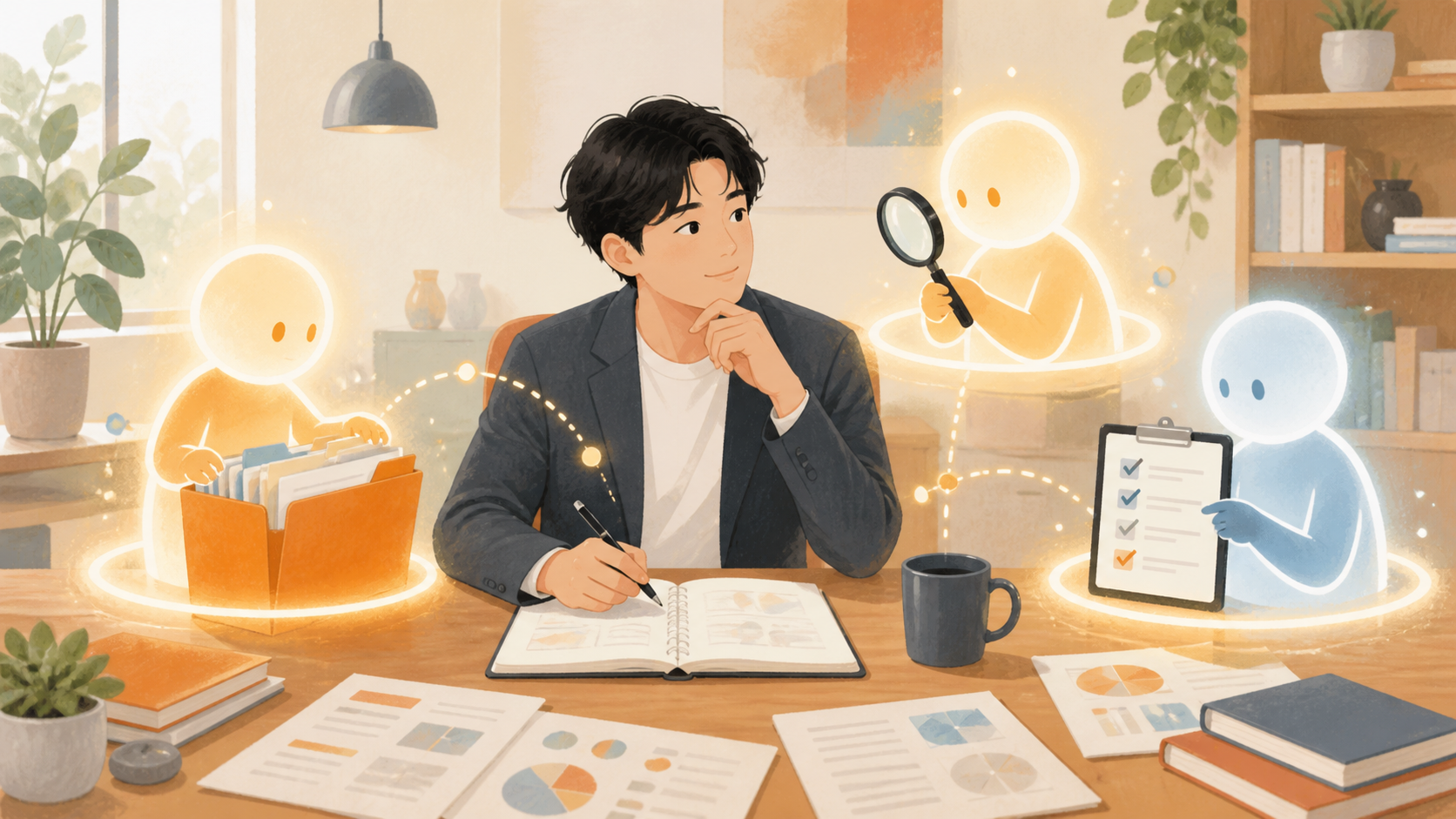 複数の専門アシスタントに仕事を分担する様子のイラスト