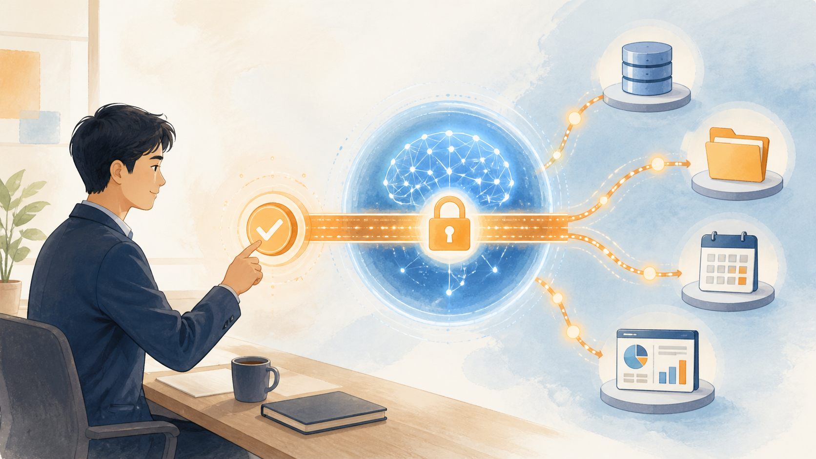 AIと外部のデータやツールを安全に接続する様子のイラスト