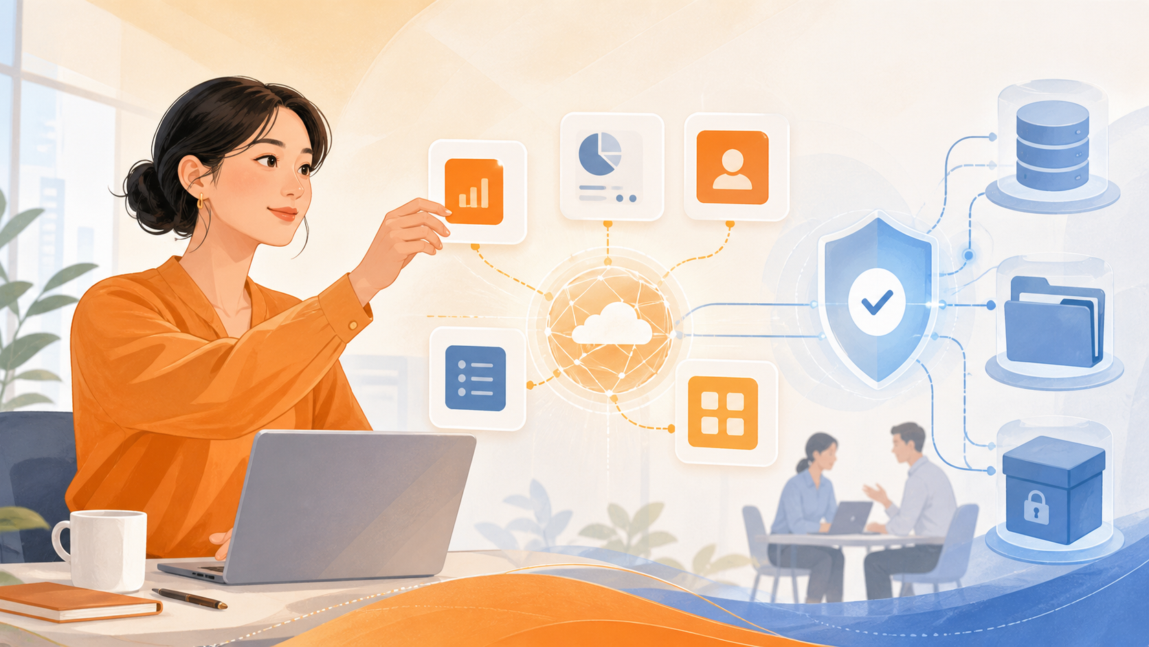 AIで作った小さな業務アプリと外部データを安全に接続するCloudflare OSの概念イラスト