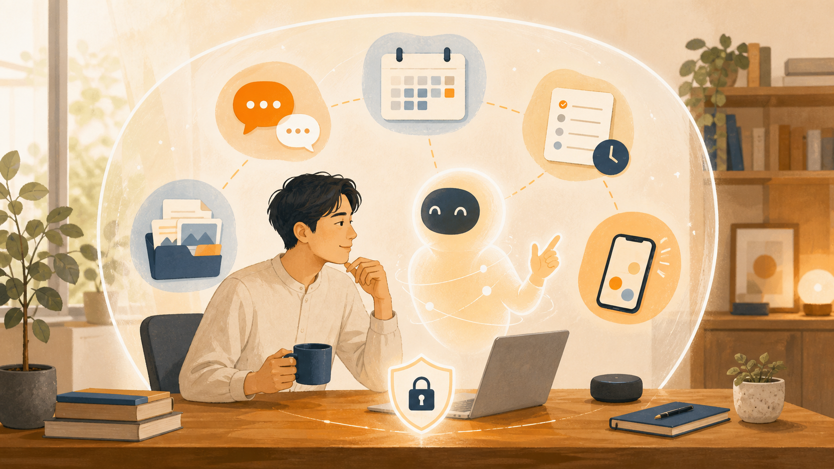 チャット、予定、ファイル、端末を安全な境界内でつなぐ個人AIアシスタントのイラスト