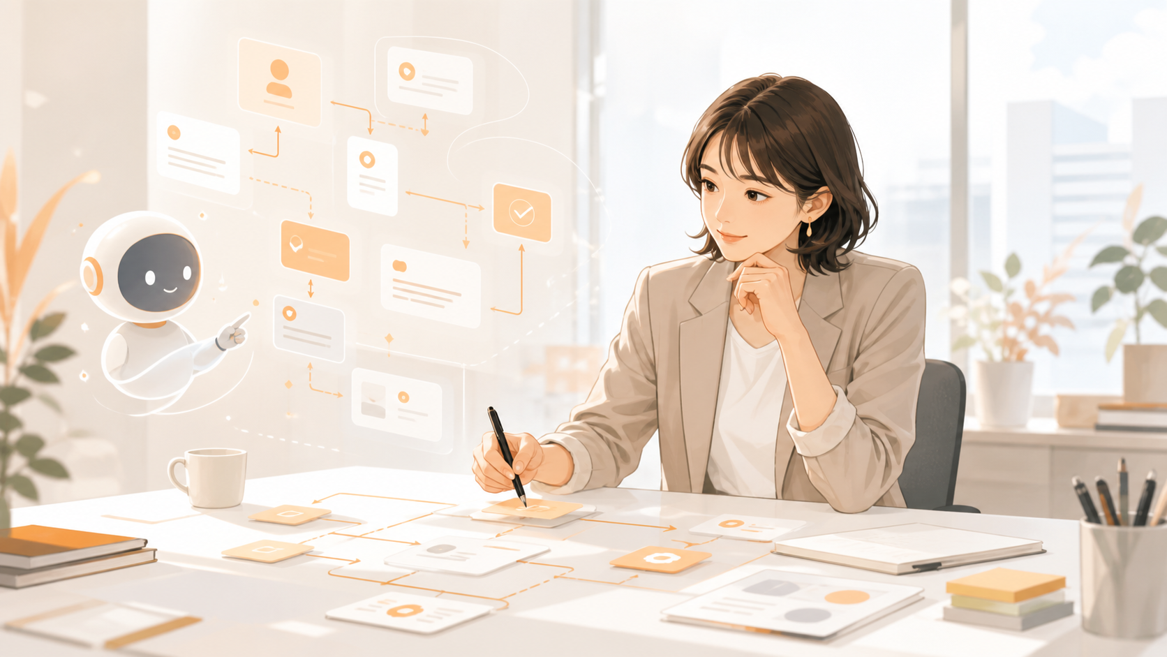 AIエージェントと協働しながら業務フローを設計するビジネスパーソンのイラスト