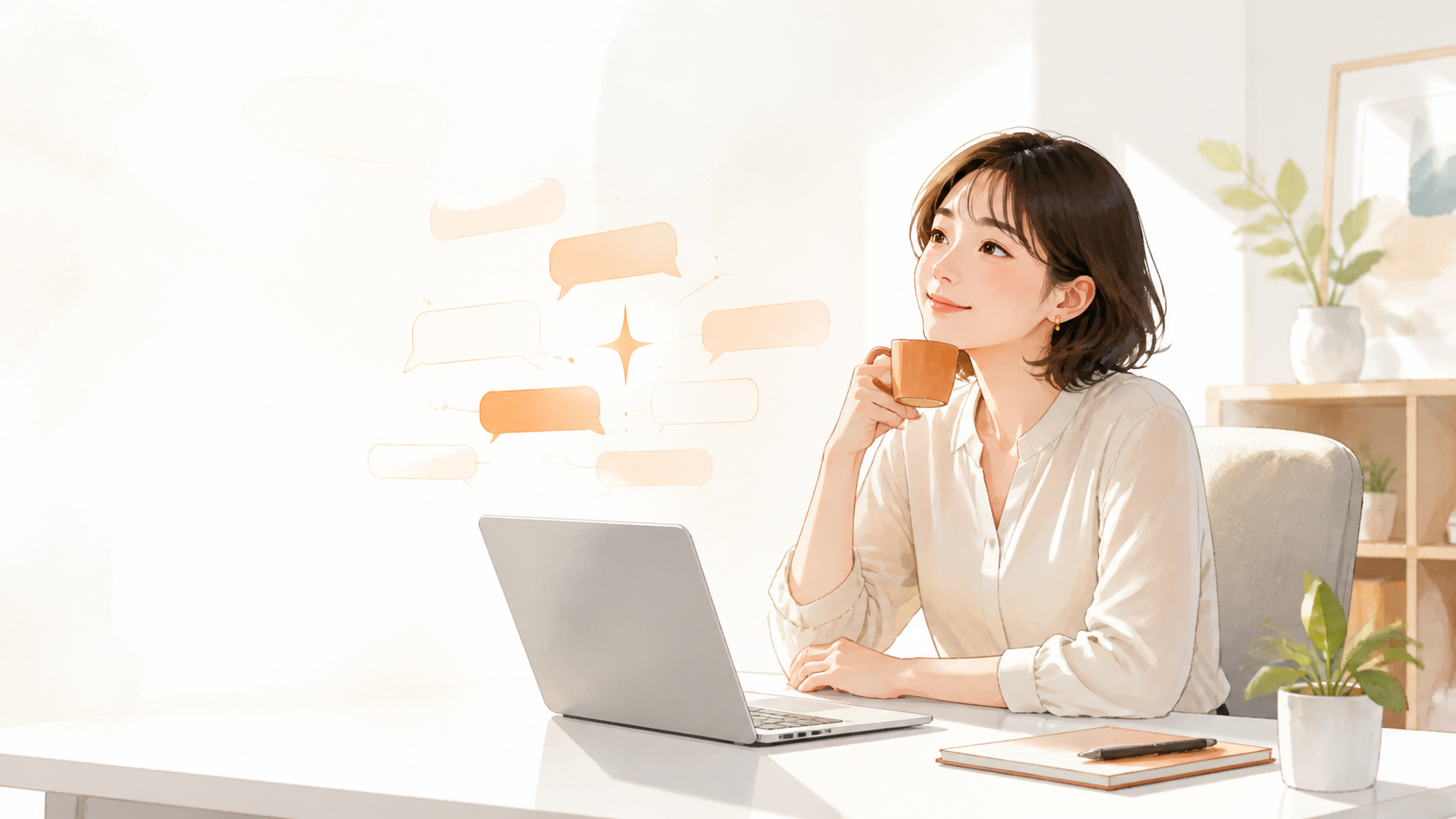 AIチャットを使って情報を整理するビジネスパーソンの編集イラスト