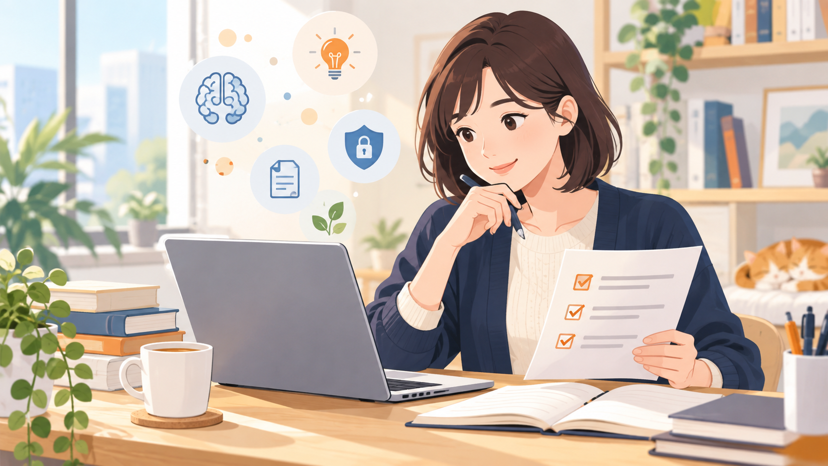 生成AIの基礎と安全な活用を学ぶ人の編集イラスト