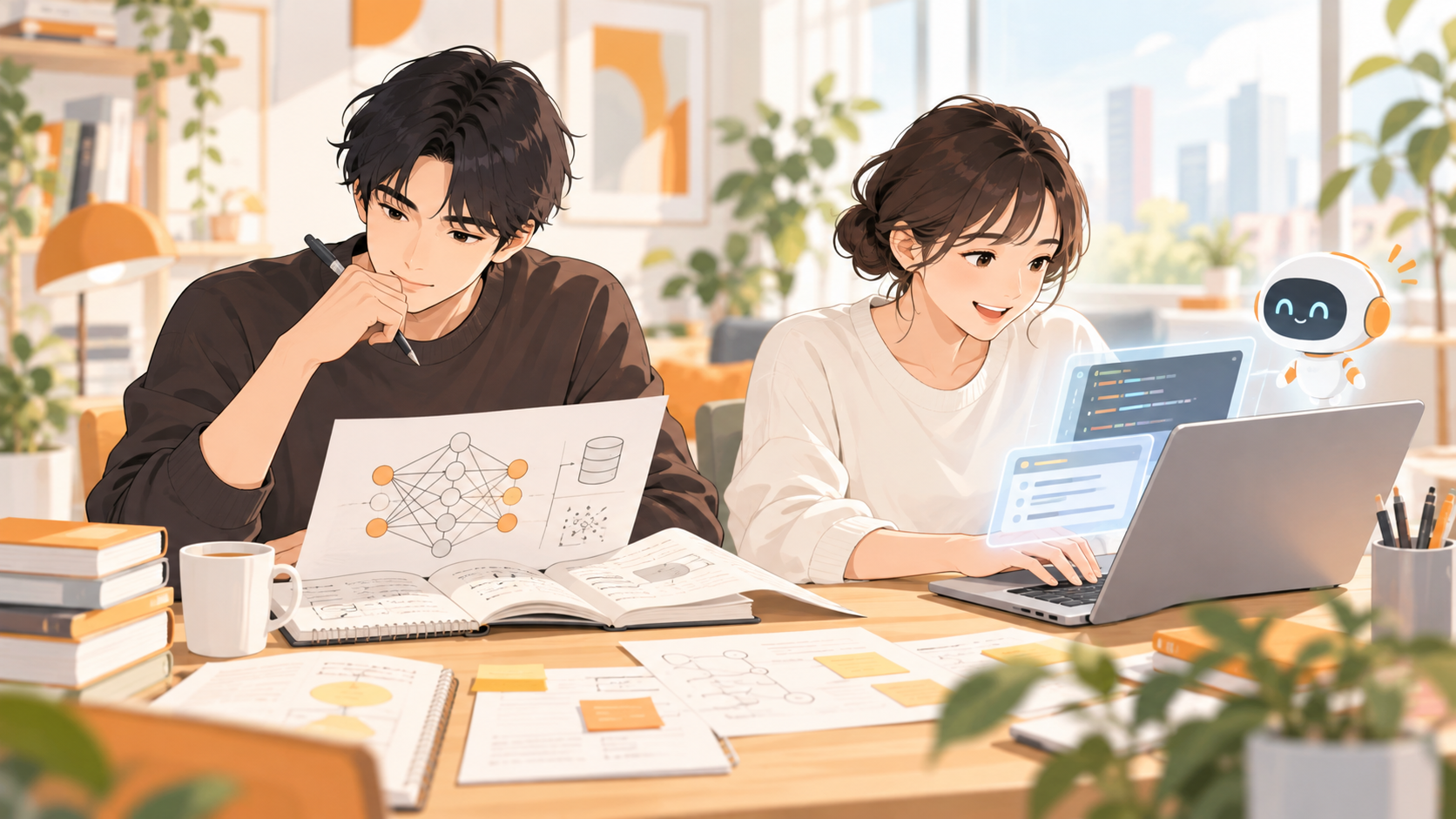 AIエンジニアとAI駆動開発エンジニアが協働する様子を表した編集イラスト