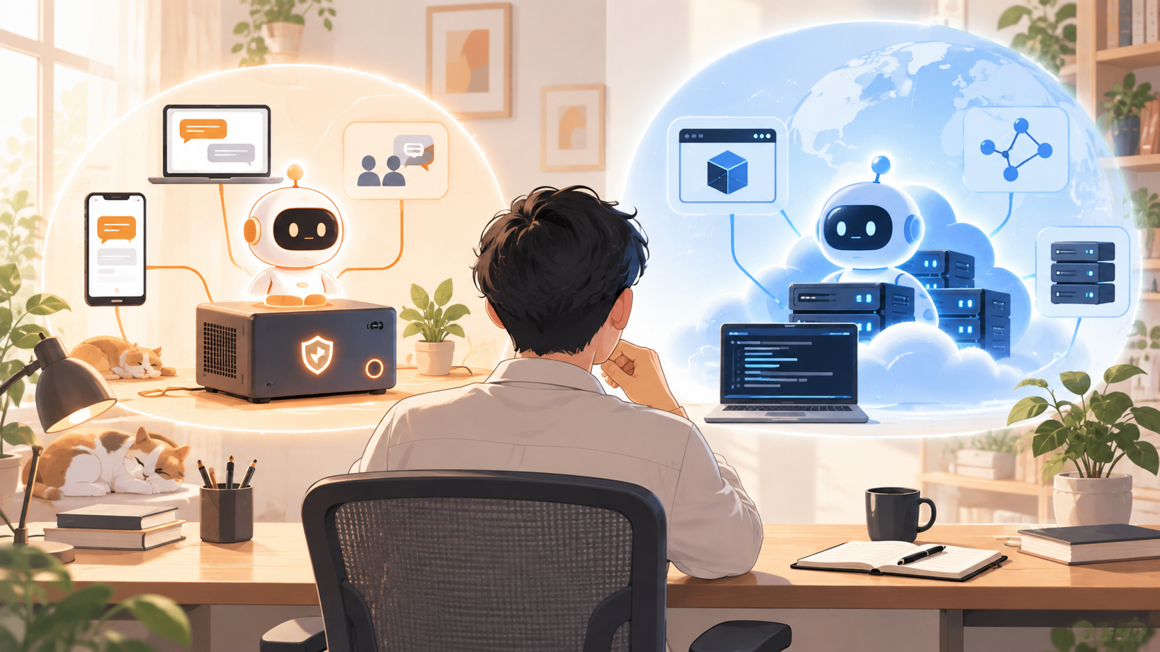 Hermes AgentとOpenClawの構成の違いを、ローカル環境とリモート実行の対比で表した編集イラスト
