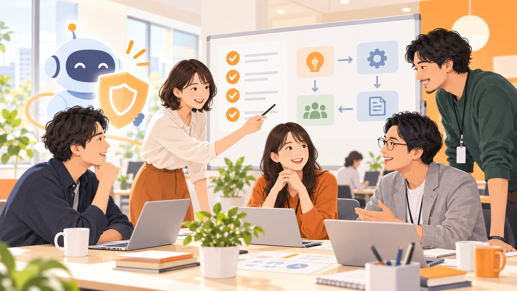 社内で生成AI活用ガイドラインを検討するチームを表した編集イラスト