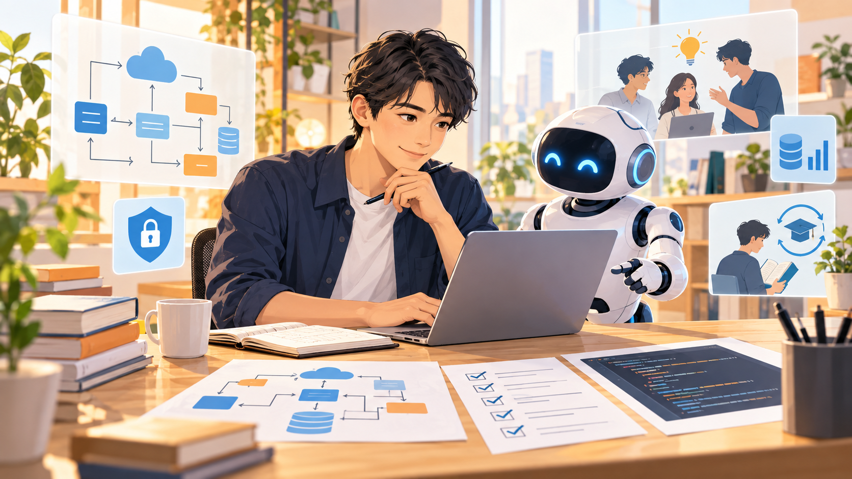 AIと協働しながら設計・検証・学習を進めるエンジニアを表した編集イラスト