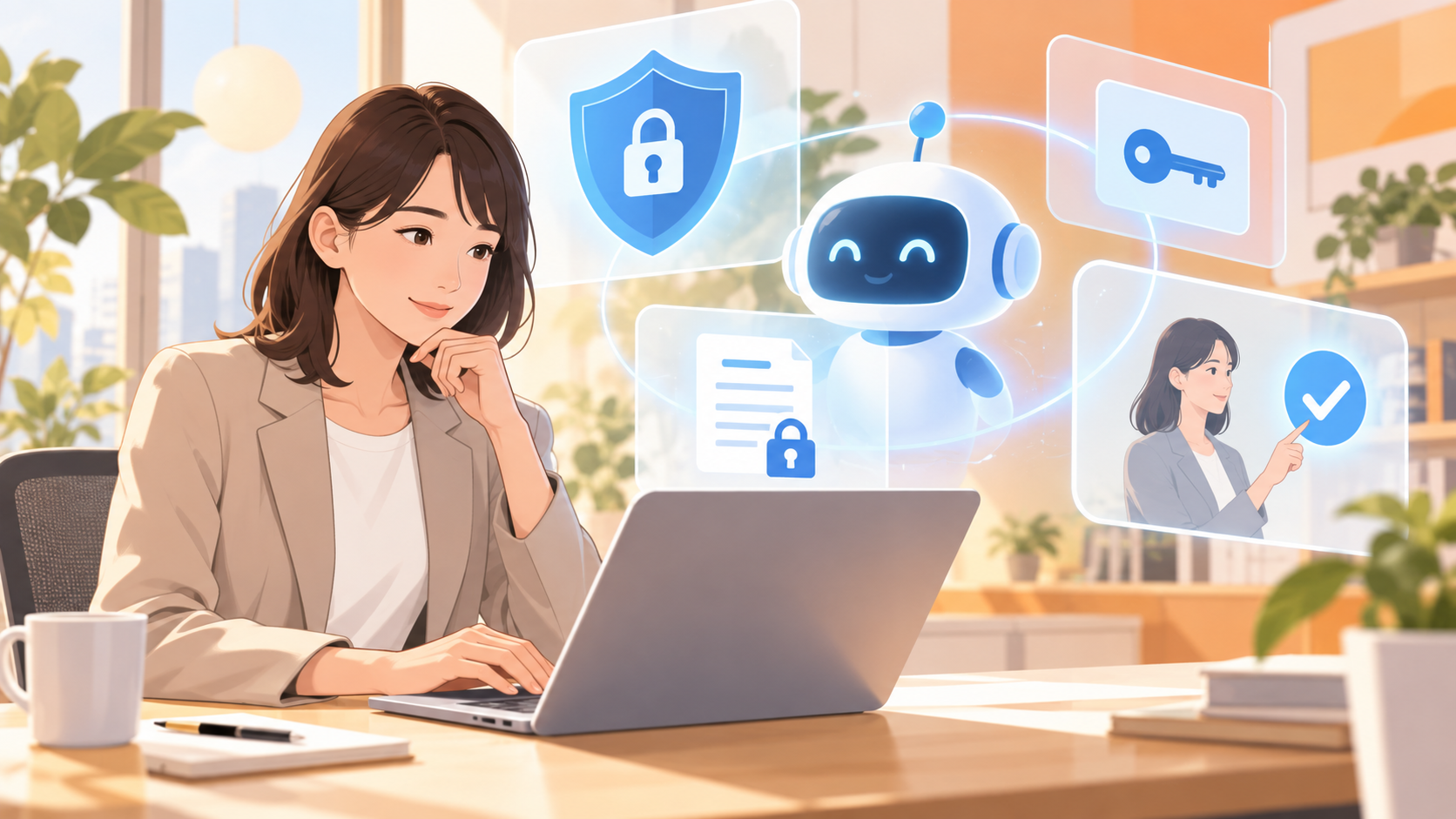 生成AIを安全に利用するための人の確認とセキュリティ対策を表した編集イラスト